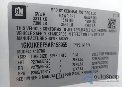 2010 GMC Yukon Denali z USA, uszkodzony, nr VIN 1GKUKEEF5AR158955